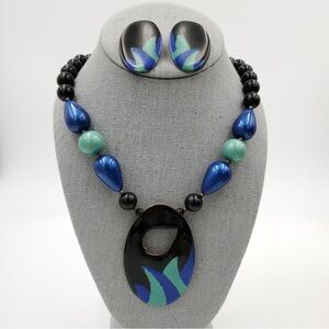 Vtg Metal Bead 1980’s Statement Blue Green black Peacock Earrings Necklace Set
